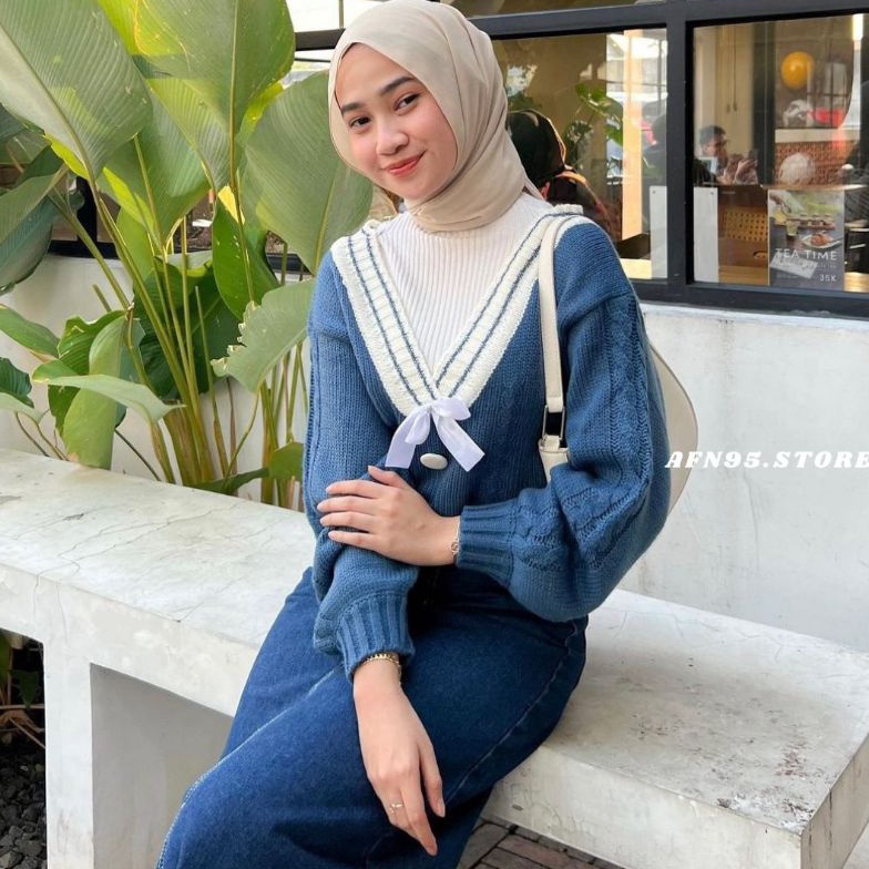 ART P8P SWEATER RAJUT VINTAGE PITA KERAH V  VARIASI KANCING TEBAL