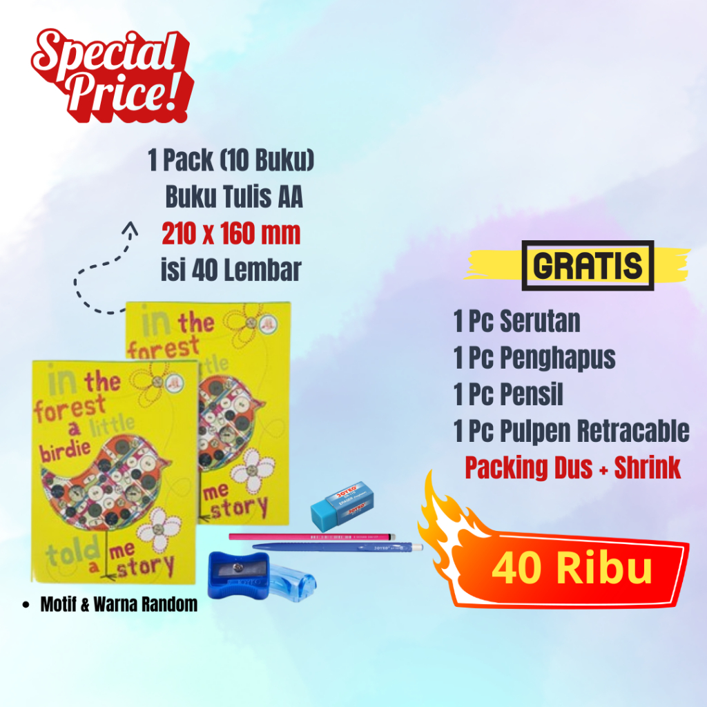 

Buku Tulis AA isi 40 (10 Buku) Gratis Pulpen Pensil Penghapus Serutan