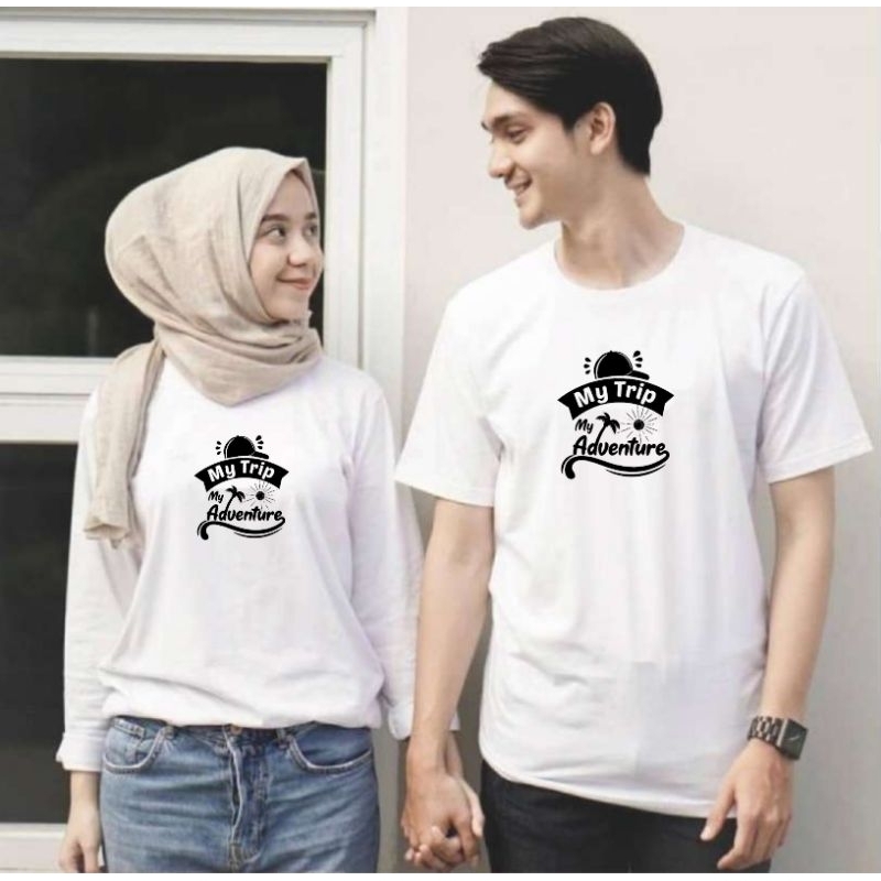 baju kaos couple(HARGA SATUAN) dewasa atasan MY TRIP MY ADVENTURE 002 laki perempuan putih lengan pe