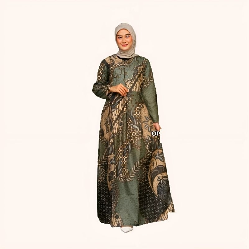 GAMIS BATIK WANITA MOTIF HIJAU  MODERN BAHAN KATUN ASLI PEKALONGAN