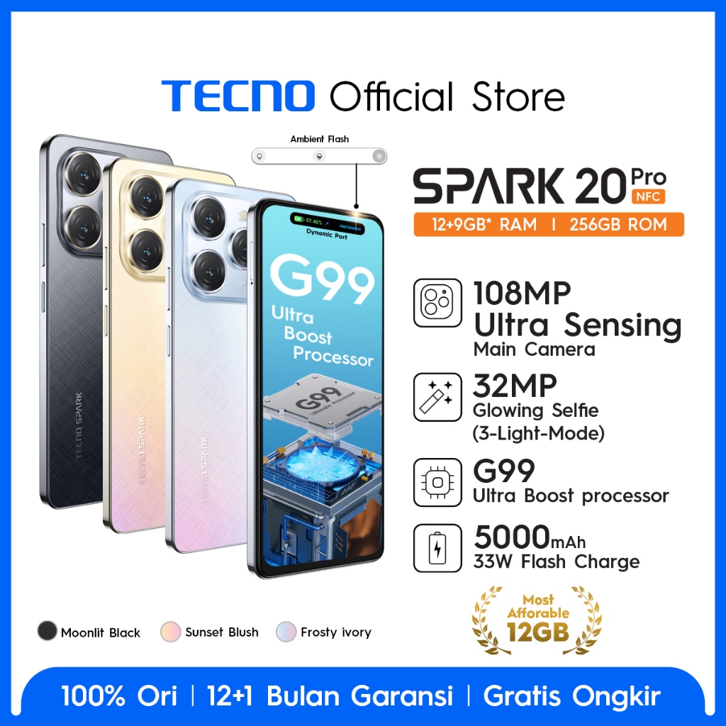 TECNO SPARK 20 Pro NFC – 12GB+256GB, 108MP+32MP, Helio G99, 6,78" IPS FHD+ 120Hz, Stereo Dual Speake