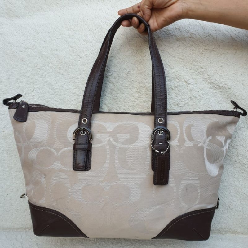 Coach Tote Bag Shoulder Bag Kanvas Cream Mix Kulit Asli