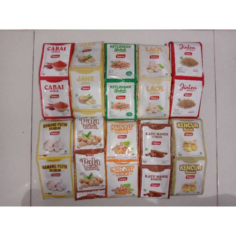 

Bumbu TABURA 1 renteng / Cabai Jahe Ketumbar Laos Jinten Bawang Pala Kunyit Kayu Manis Kencur