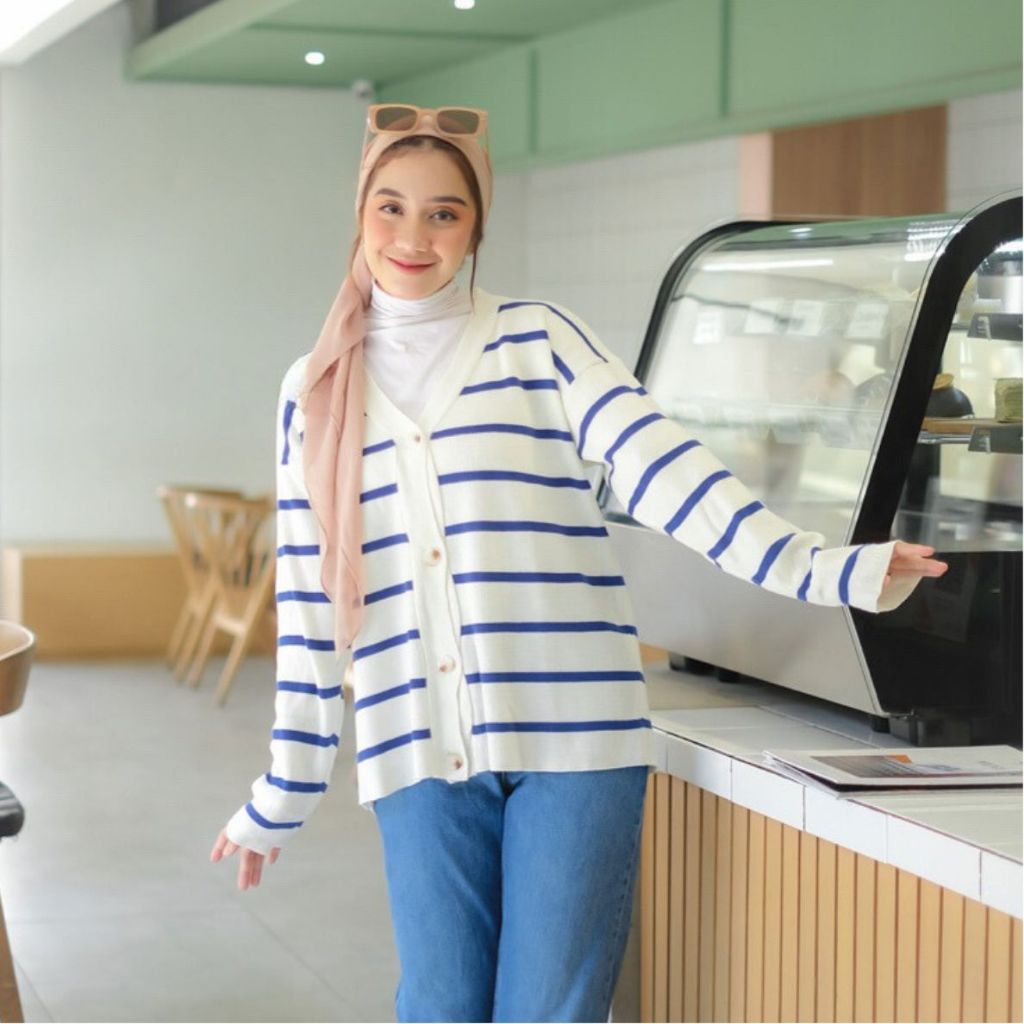 Fafor Cardigan Rajut Wanita Oversize Motif Strip Tangan Panjang