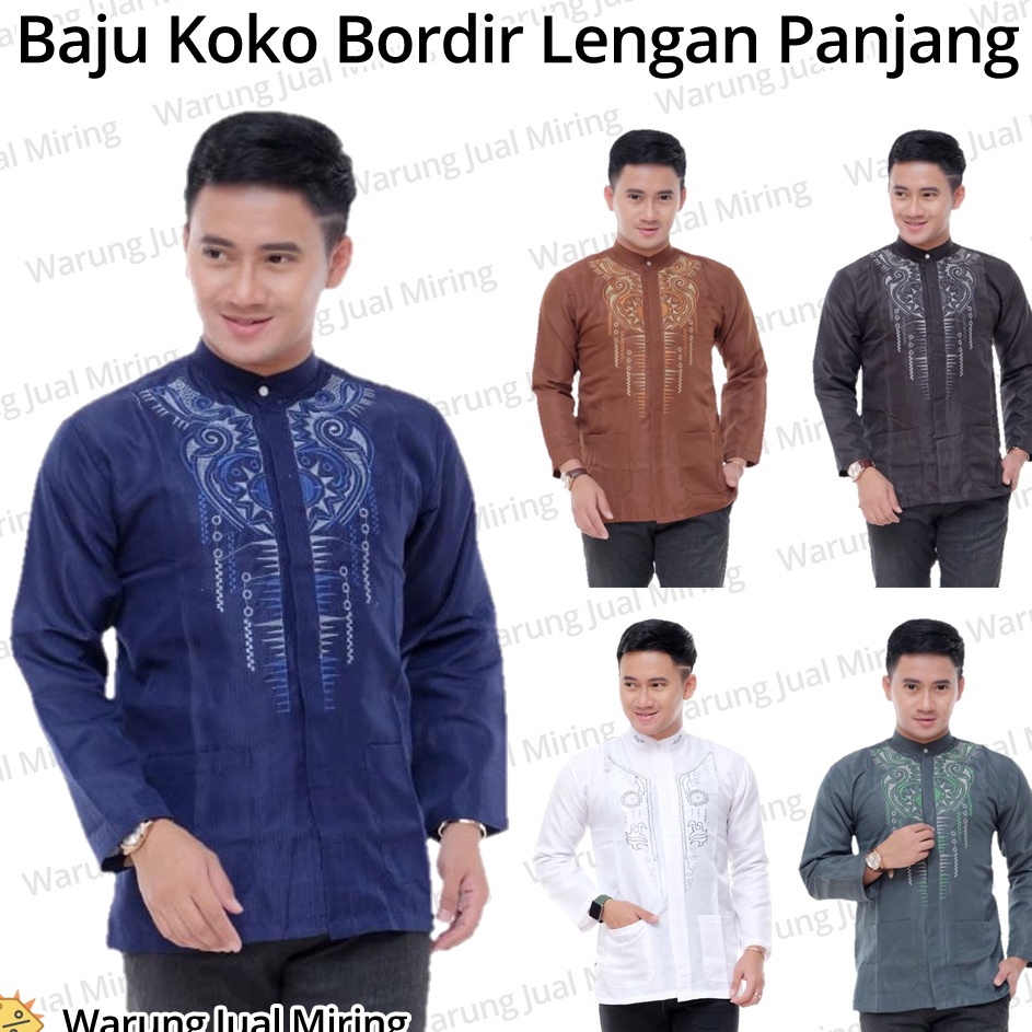 Promo Baju Koko Lengan Panjang Bordir Klasik Kemeja Kantong Polos Dobby Kokoh Tangan Adem Dewasa Pri