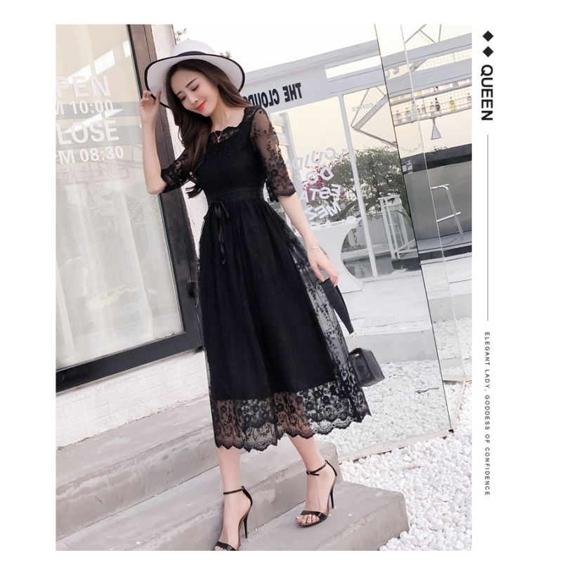 Long Dress wanita warna hitam cantik Korea lengan pendek elegant