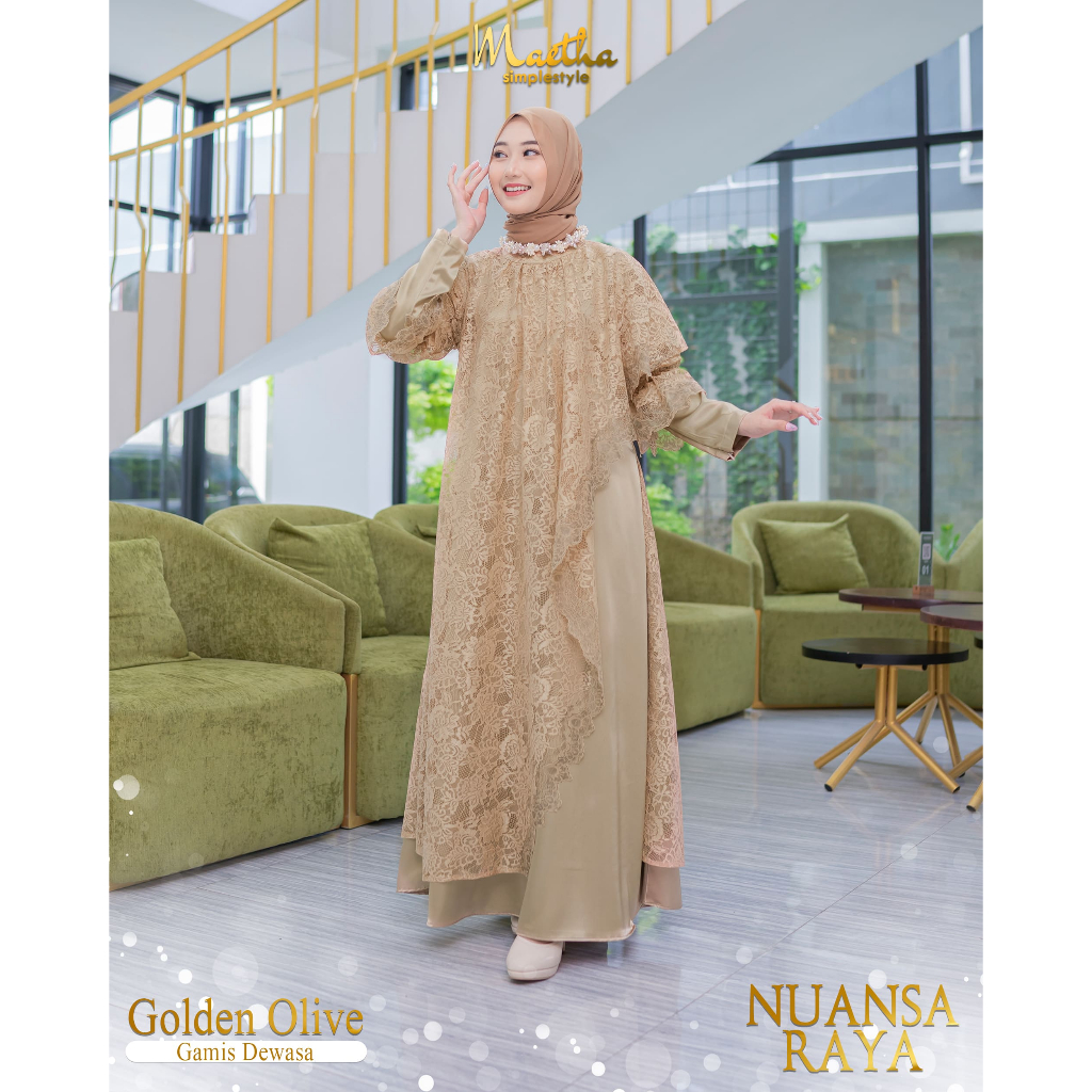 Maetha - Sarimbit Keluarga Lebaran / Gamis Koko Couple / Nuansa Raya Series Golden Olive-Gamis Ibu
