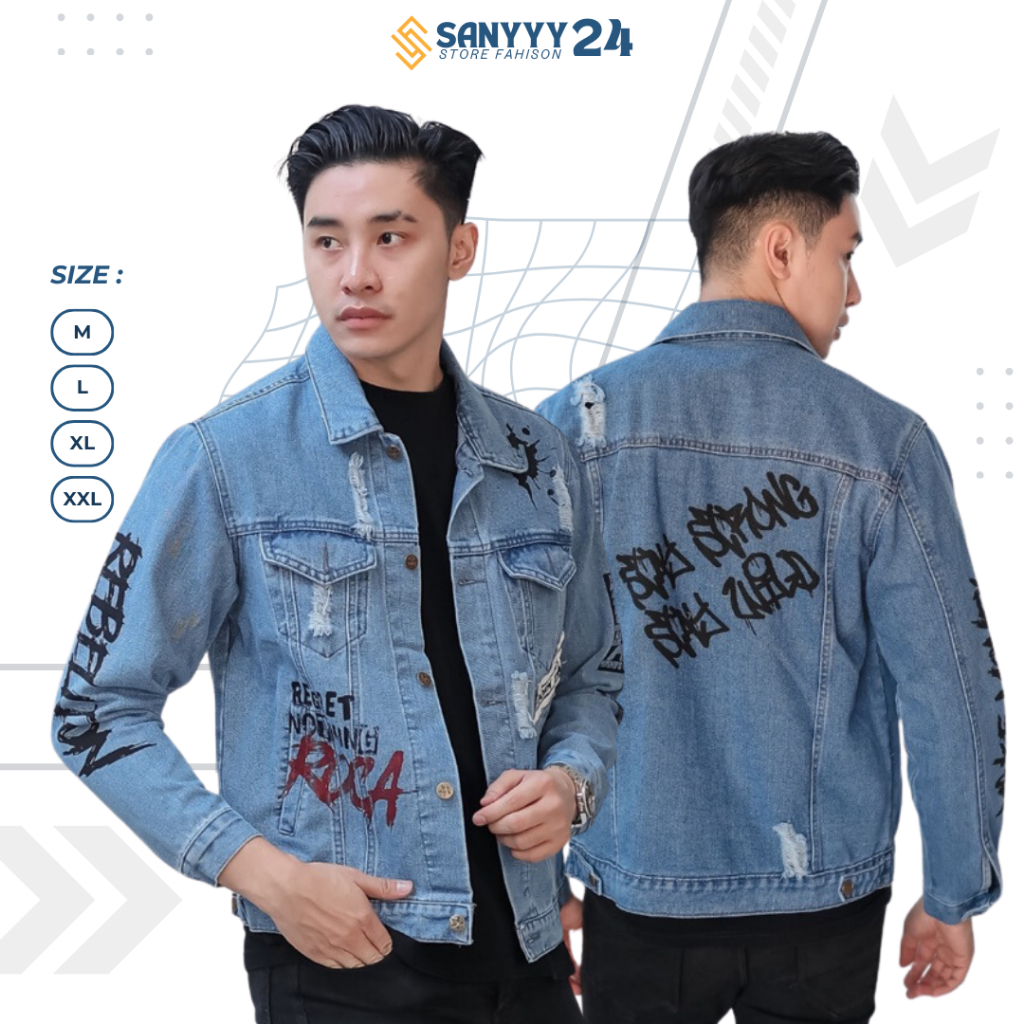 Jaket Jeans Denim Motif Tulisan Jepang Sablon Printing Atasan Pria Jacket Cowok Ukuran Jumbo