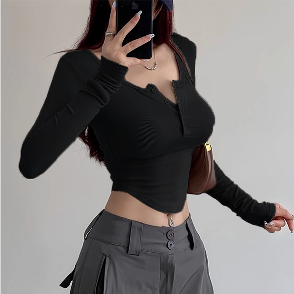 [Premium] Kaos V Neck Wanita Sexy / Crop Top Knit Rib/Baju Polos Wanita Lengan Panjang
