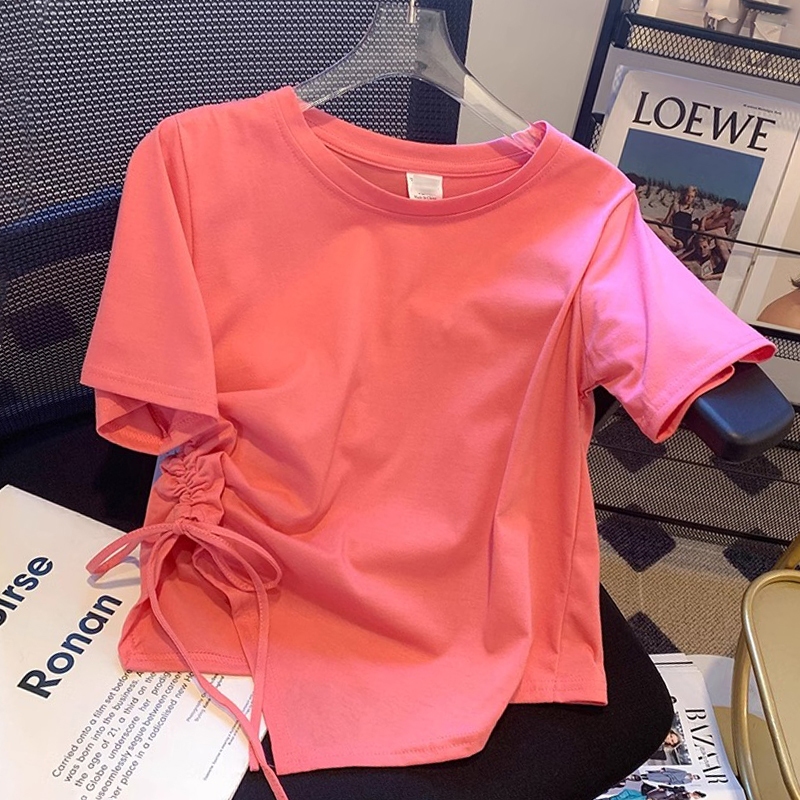 T-shirt leher bulat serut tidak beraturan berwarna merah muda baru / baju korea crop / T-shirt stret