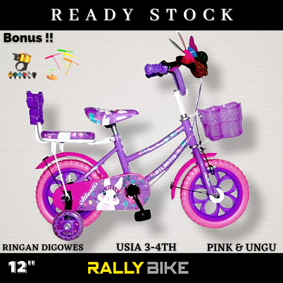 Sepeda anak perempuan cewek roda 4 empat ukuran 12" inch keranjang ungu dan pink ban eva busa 2 3 ta