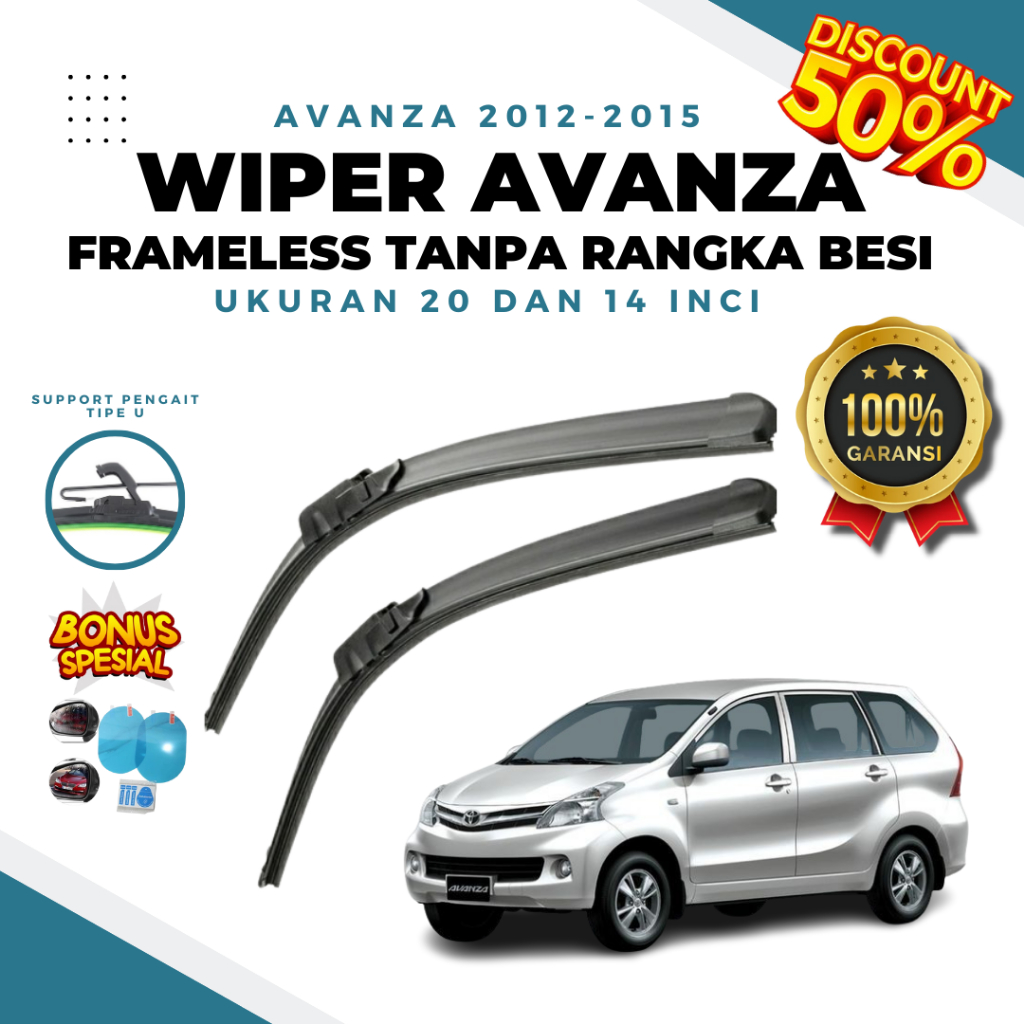 Wiper Mobil Avanza Tahun 2012-2015 Model Frameless Tanpa Rangka Besi Bonus Stiker Spion Anti Embun