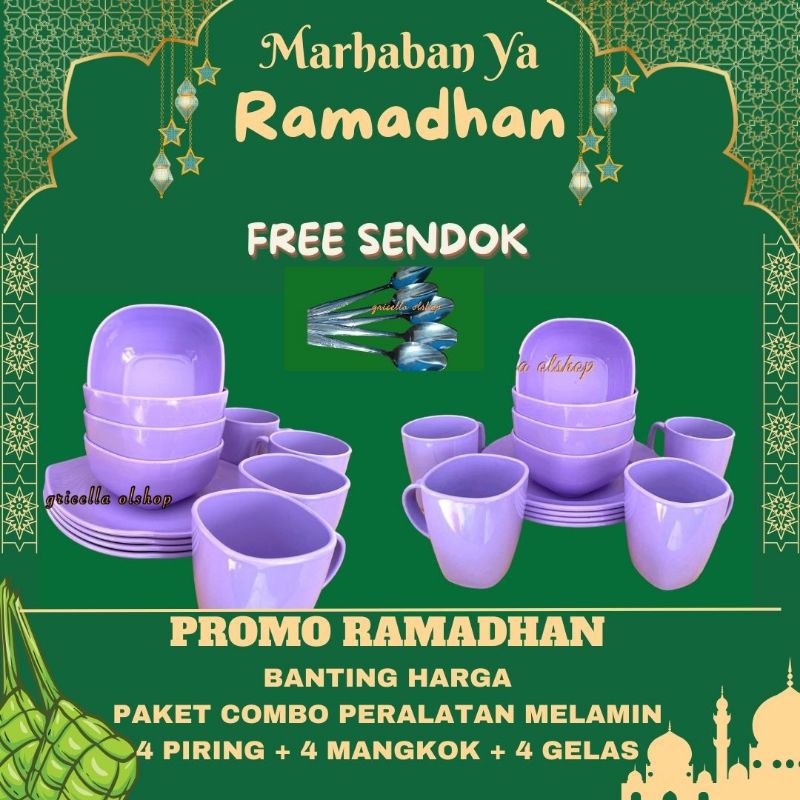 Set Peralatan Makan Melamin 1 Lusin - Piring Kotak, Mangkuk, dan Gelas - Cocok untuk Rumah dan Usaha