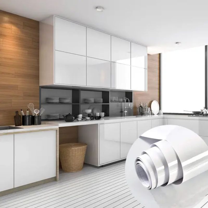 WALLPAPER STICKER DINDING KITCHEN SET Putih Polos Glossy Ukuran 60 x 3 M Dekorasi Dapur Kamar Mandi