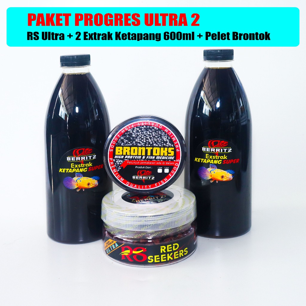 PAKET PROGRES ULTRA 2 RS Ultra Extrak Ketapang dan Pelet Brontok Berritz [Pakan ikan channa,arwana]