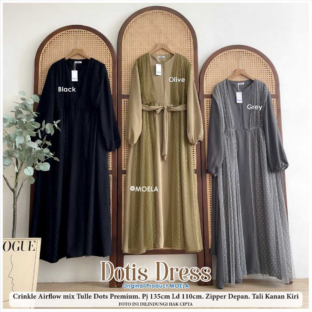 Dotis Dress by Moela Bahan Crinkle Airflow mix Tulle Dots Premium LD 110 Panjang 135 Zipper Depan Ta