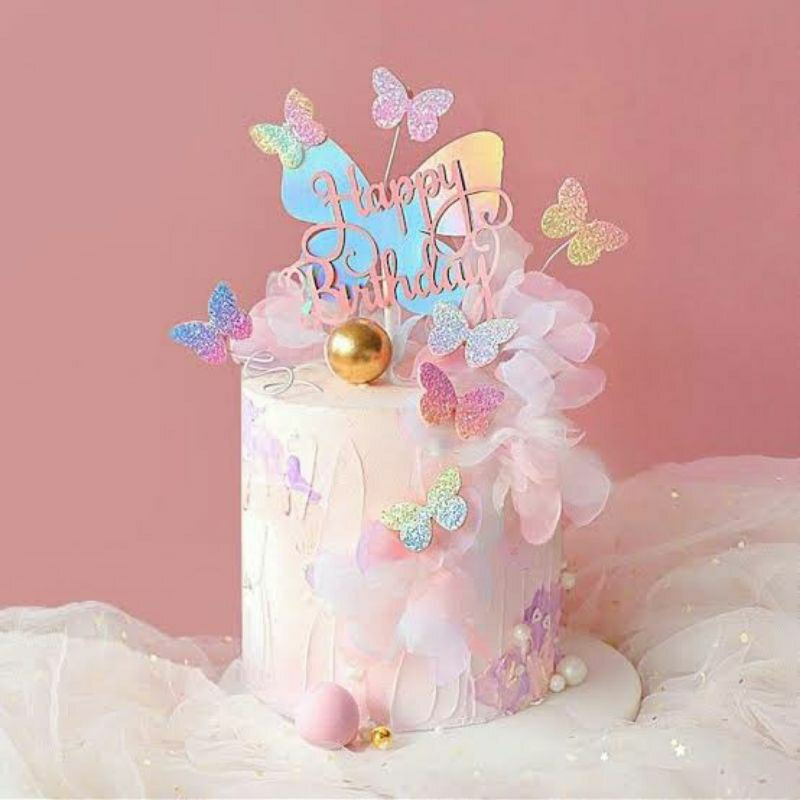 Cake topper tulisan happy birthday karakter kupu kupu kupukupu butterfly hologram holo toper tusukan