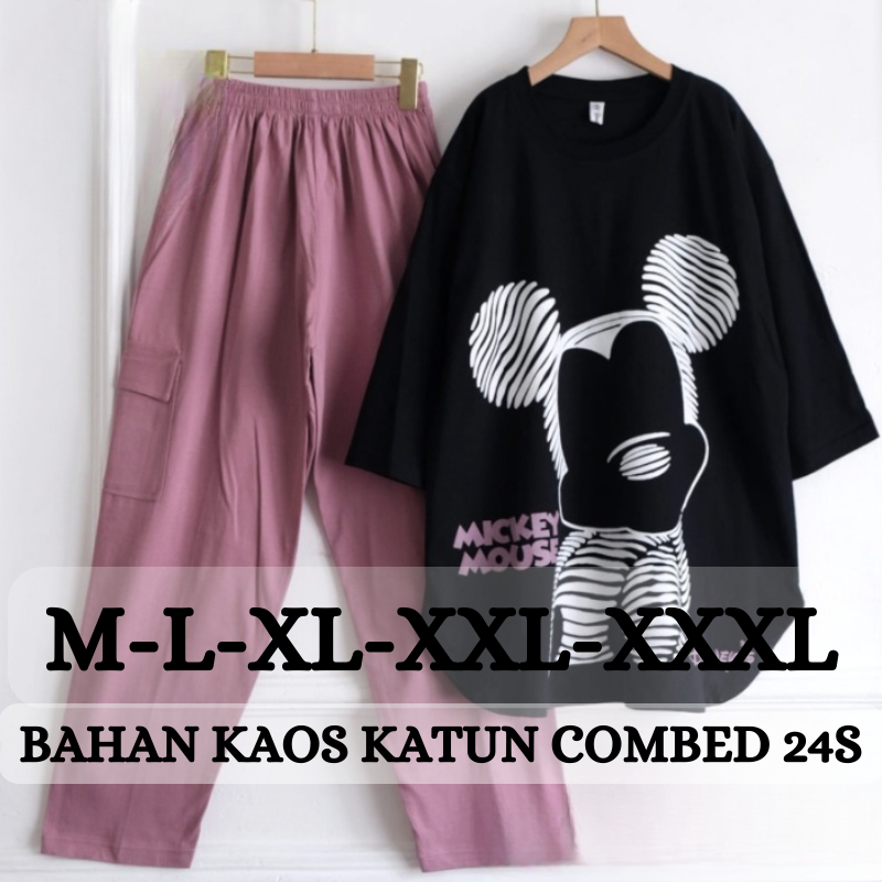 One Set Cargo Wanita Hana Set BO Size M L XL XXL XXXL LD 100-130 CM Bahan Kaos Katun Combed 24s Apli