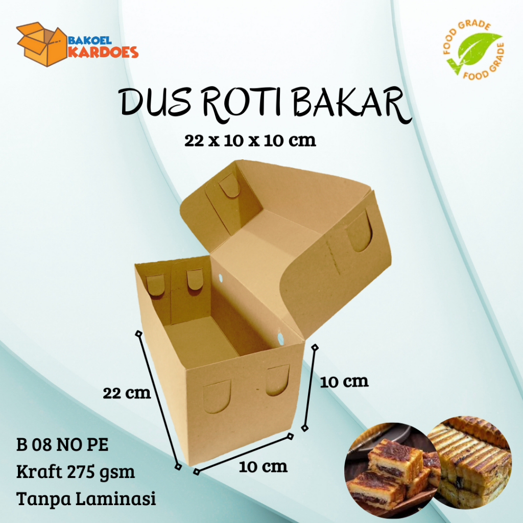

Kardus Roti Bakar B 08 NO PE Uk 22x10x10 cm Tanpa Laminasi