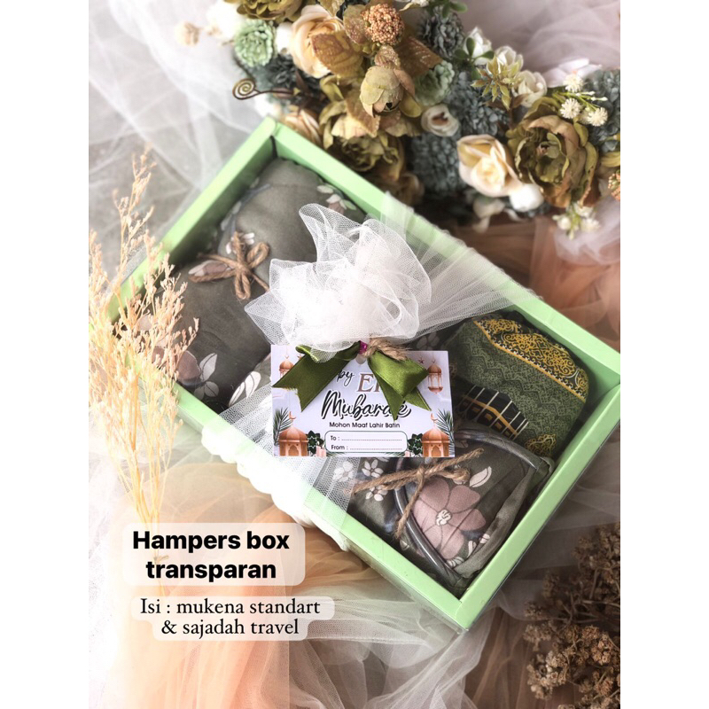 Hampers Box transparan / Hampers Lebaran / Idulfitri isi mukena Sarung Hijab