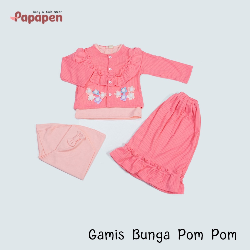 Mi Angel Gamis Bunga Pom Pom | Gamis Anak 4 Pcs (2-3 Tahun) Bonus Hijab