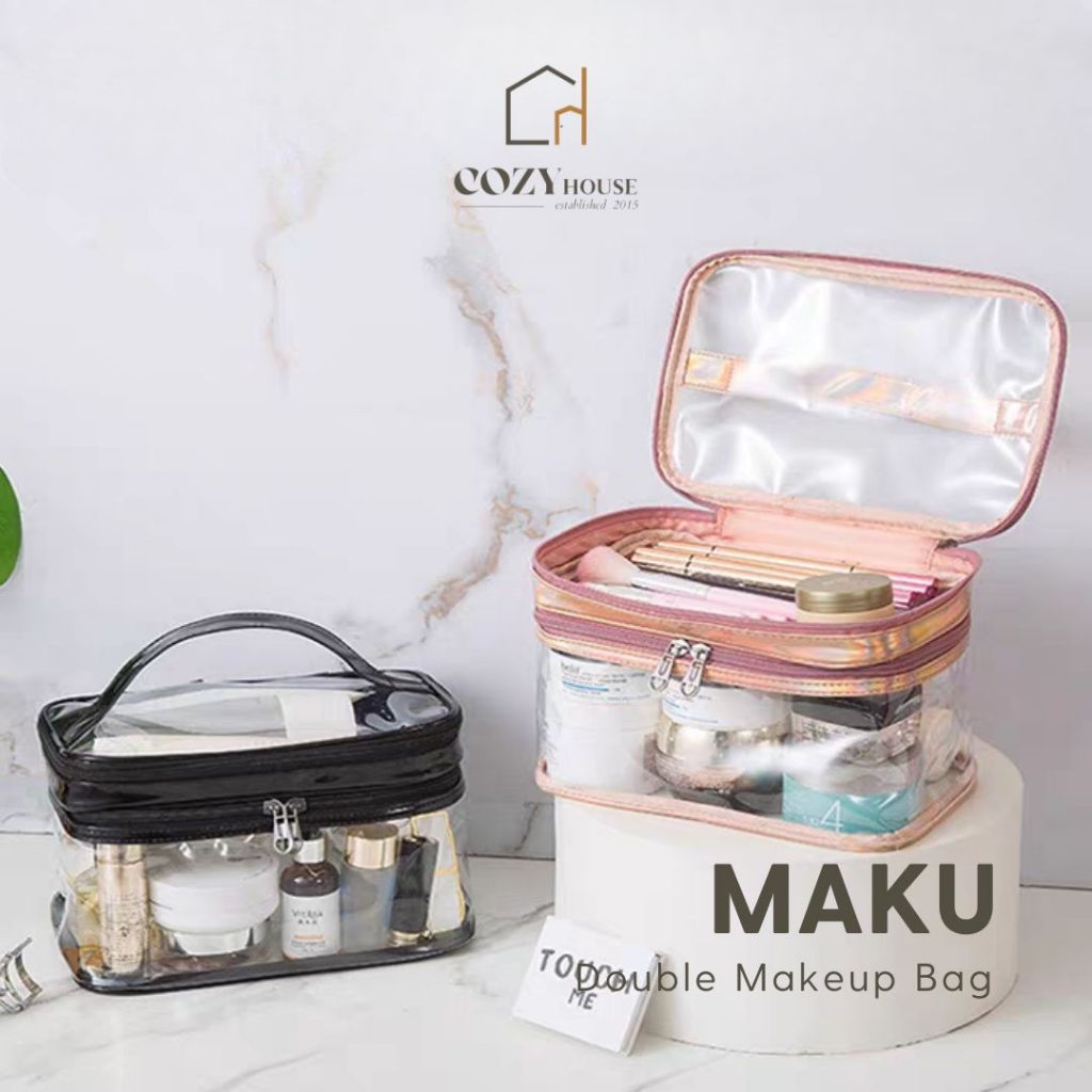 COZYHOUSE MAKU Transparant Double Makeup Bag | Tas Wadah Penyimpanan Riasan Wajah Waterproof PVC 2 T