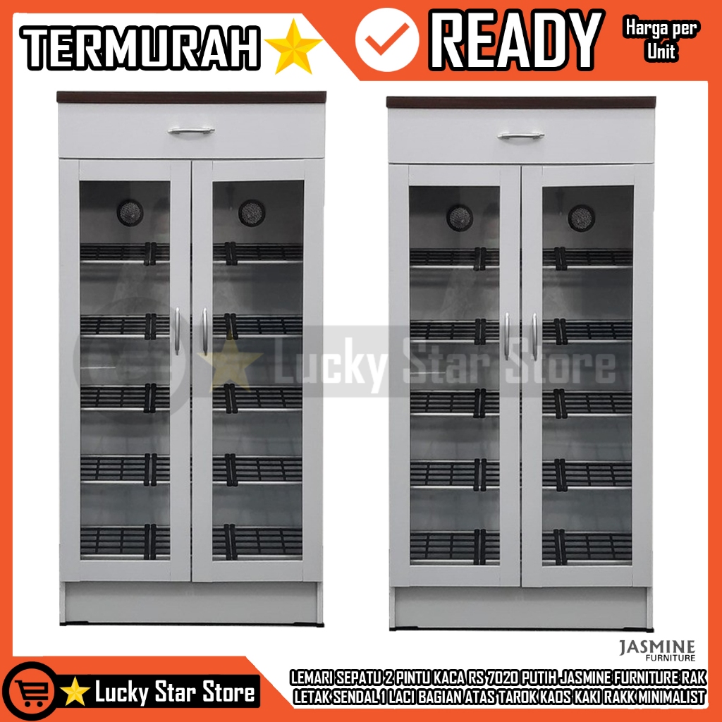 [Instant] LEMARI SEPATU 2 PINTU KACA RS 7020 PUTIH JASMINE FURNITURE RAK LETAK SENDAL 1 LACI BAGIAN 
