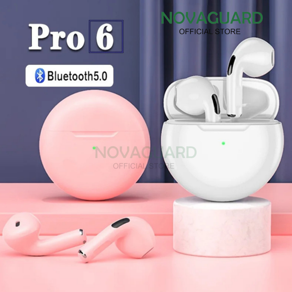 NovaGuard  Headset Bluetooth Tahan Air Tws Pro 6 Earphone Wireless Headset Earphone Bluetooth with Microphone Henset Earbuds HiifiStereo WaterProof