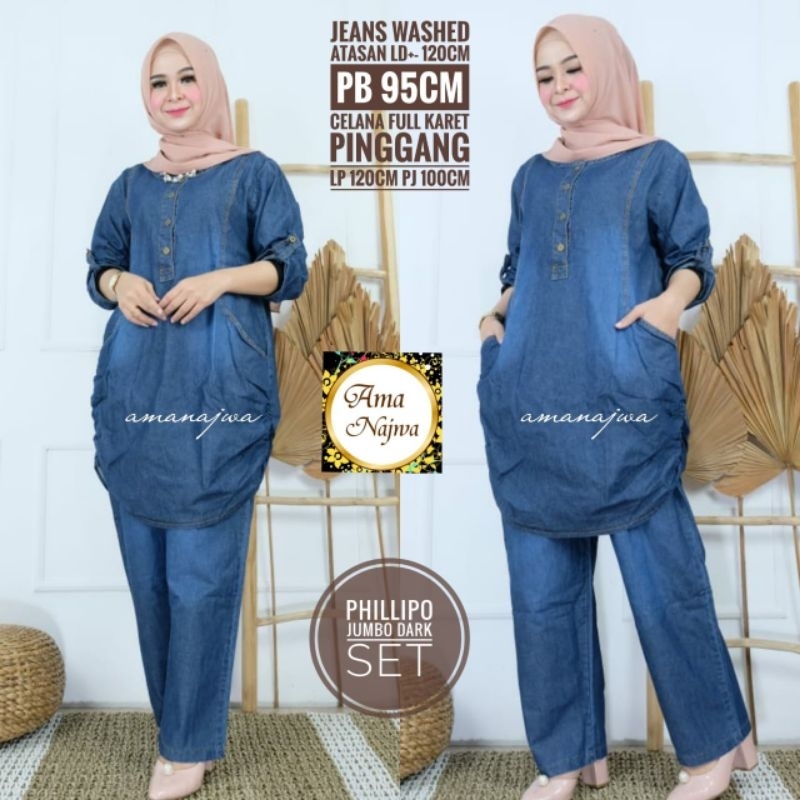 Philipo One Set Setelan Celana Tunik Jeans Jumbo Ld 120 Fit XXXL Busui Kancing By Amj