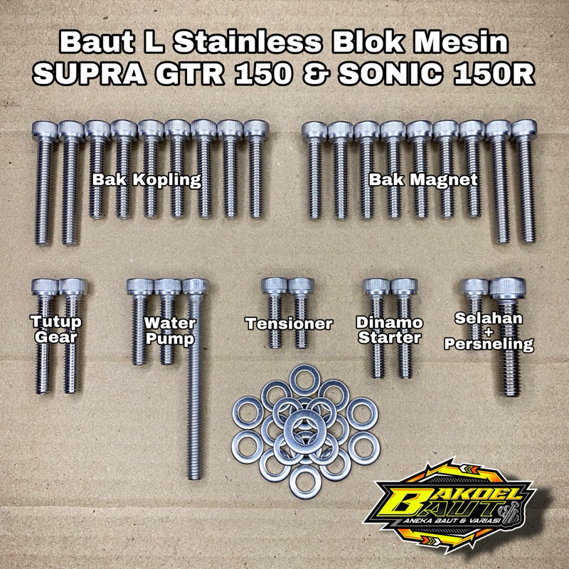 Baut L Blok Mesin SUPRA GTR 150 & SONIC 150R Fullset Crankcase Baut L Stainless Anti Karat 100% Stai
