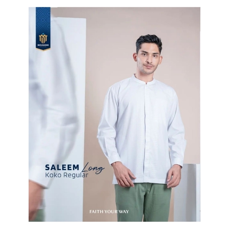 Baju Koko SALEEM Muslimadani | Koko Dewasa Lengan Panjang | Pakaian Muslim Pria | Putih