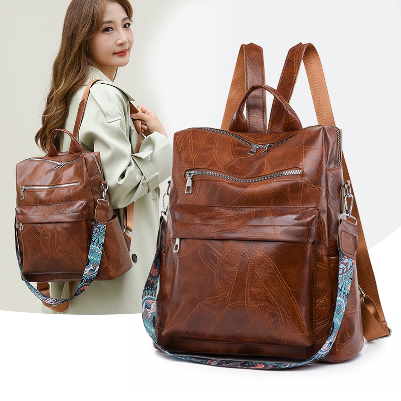 QH Waterproof Tahan air leather Kulit Ransel 14 inch Laptop tas Besar bag Perempuan Wanita tas