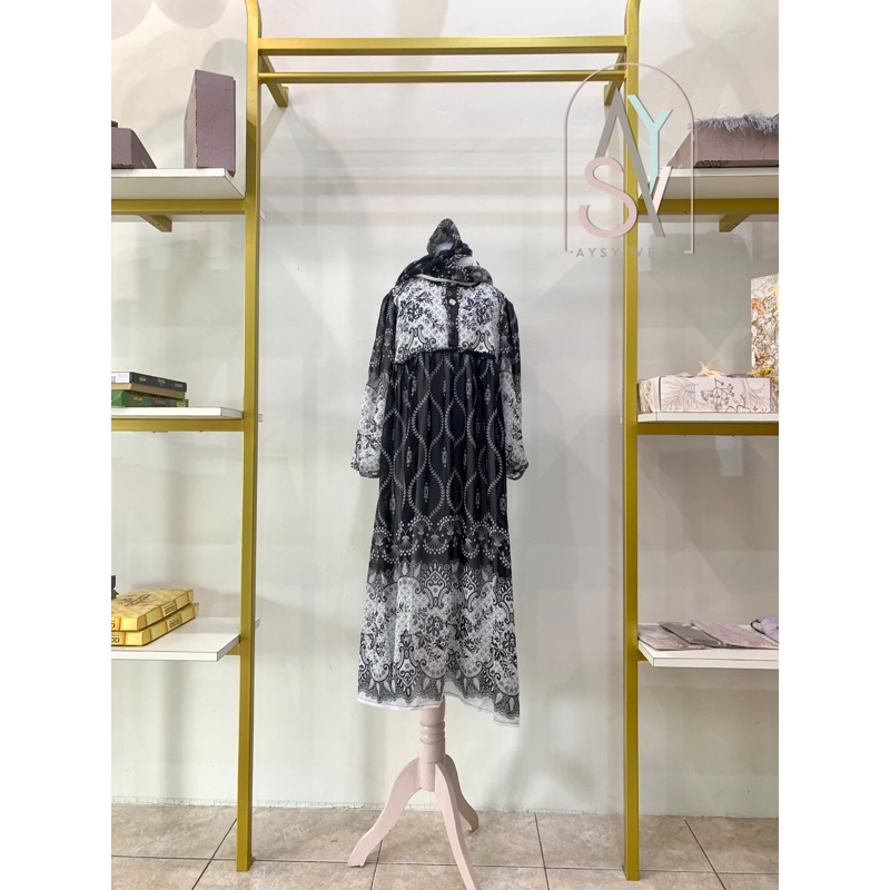 Gamis Milla Anak Ceruti Hitam Motif + Free Jilbab