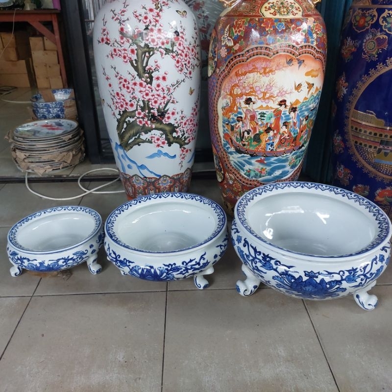 1 biji pot kaki bonsai bahan keramik import biru putih