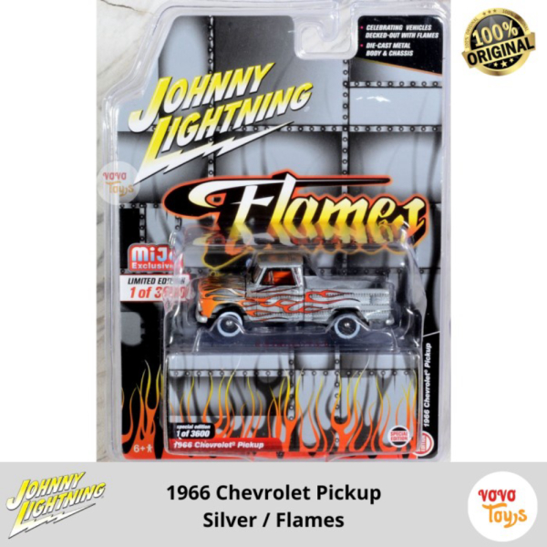Dijual Johnny Lightning 1/64 1966 Chevrolet Pickup Silver / Flames Diskon