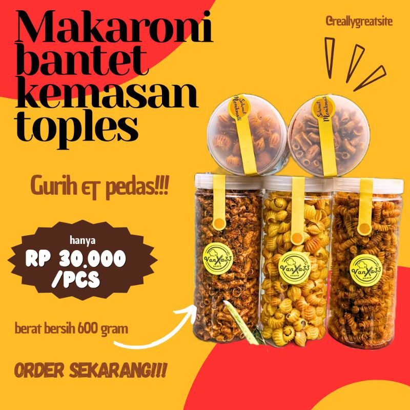 

MAKARONI BANTET PEDAS KILOAN KHAS TASIKMALAYA KEMASAN TOPLES 1300 ML MAKRONI KERANG/KRIWIL