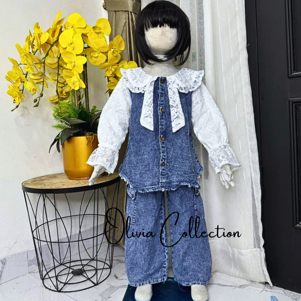 Setelan jeans mix brukat anak perempuan terbaru usia 3 - 12 tahun set anak tanggung celana cargo - C