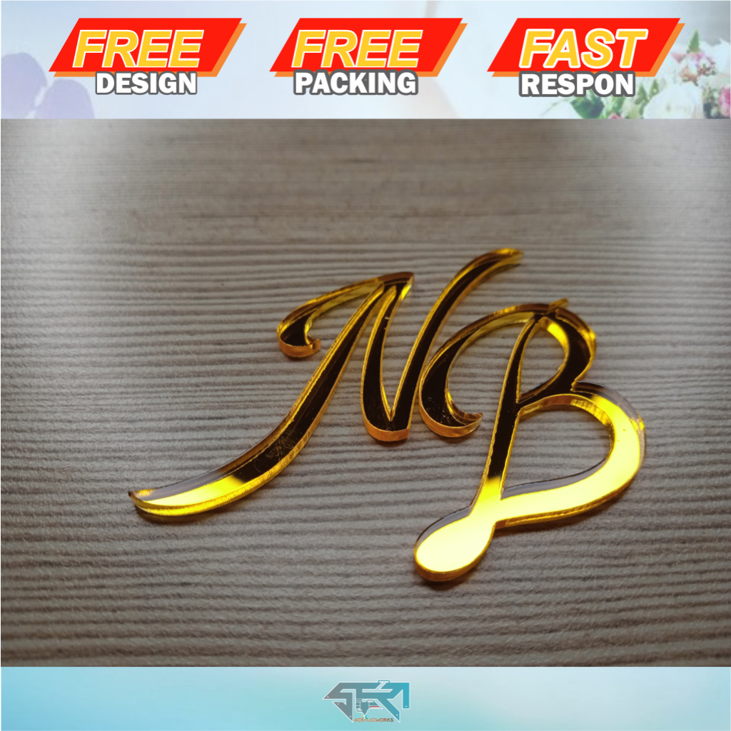 Inisial Nama Pengantin Dekorasi Mahar Pernikahan bahan Akrilik Mirror Gold