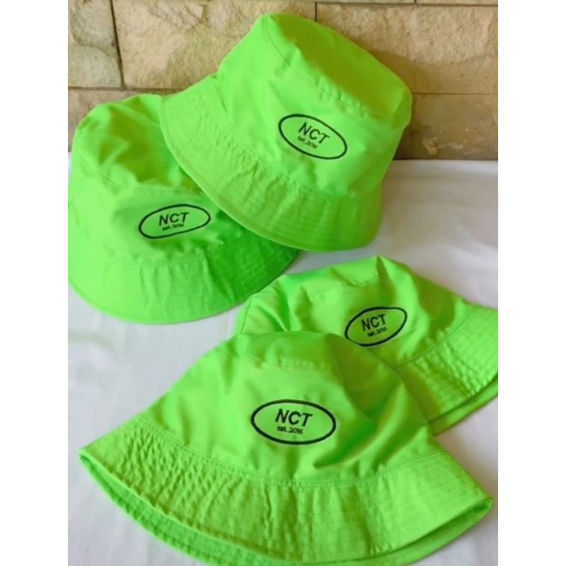 Topi Bucket NCT Hijau Stabilo Bordir Logo Custom KPOP