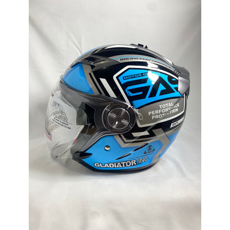 HELM NHK GLADIATOR MOTIF / CORAK GAS BLUE SILVER ( DOUBLE VISOR )