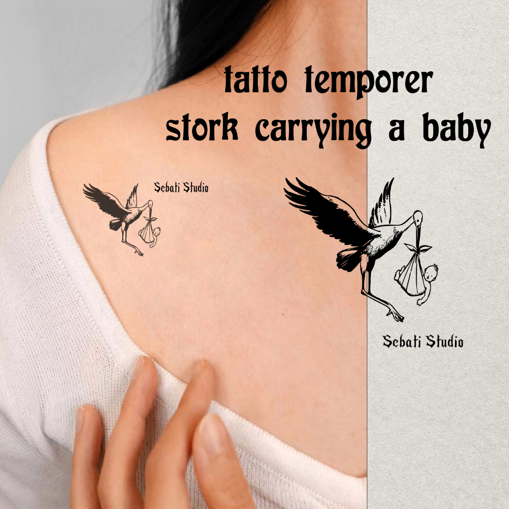 Stork carrying a baby Tattoo Temporary | Tato Temporer Tema Burung Bangau membawa Bayi Waterproof TA