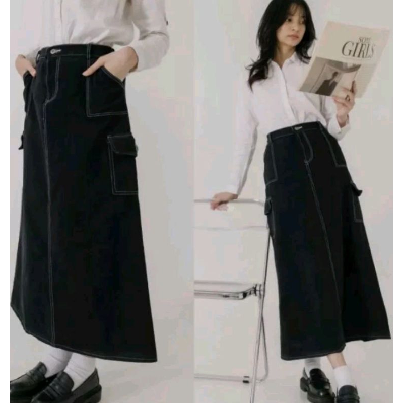 ROK CARGO LIST JEANS WANITA PUTIH HITAM ROK SPAN PANJANG KARGO MAXI SKIRT ROK