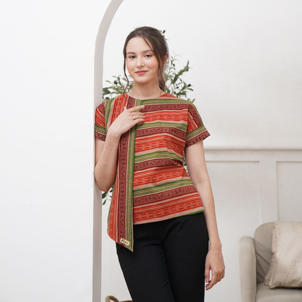 KIEA Batik - KINANTI (Salur Merah), baju kerja blouse wanita batik modern lurik