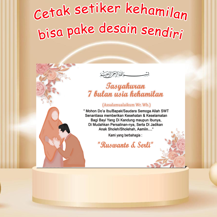 

Cetak KARTU / STIKER TASYAKURAN KEHAMILAN 4 BULANAN / 7 BULANAN bisa desain sendiri cetak setiker