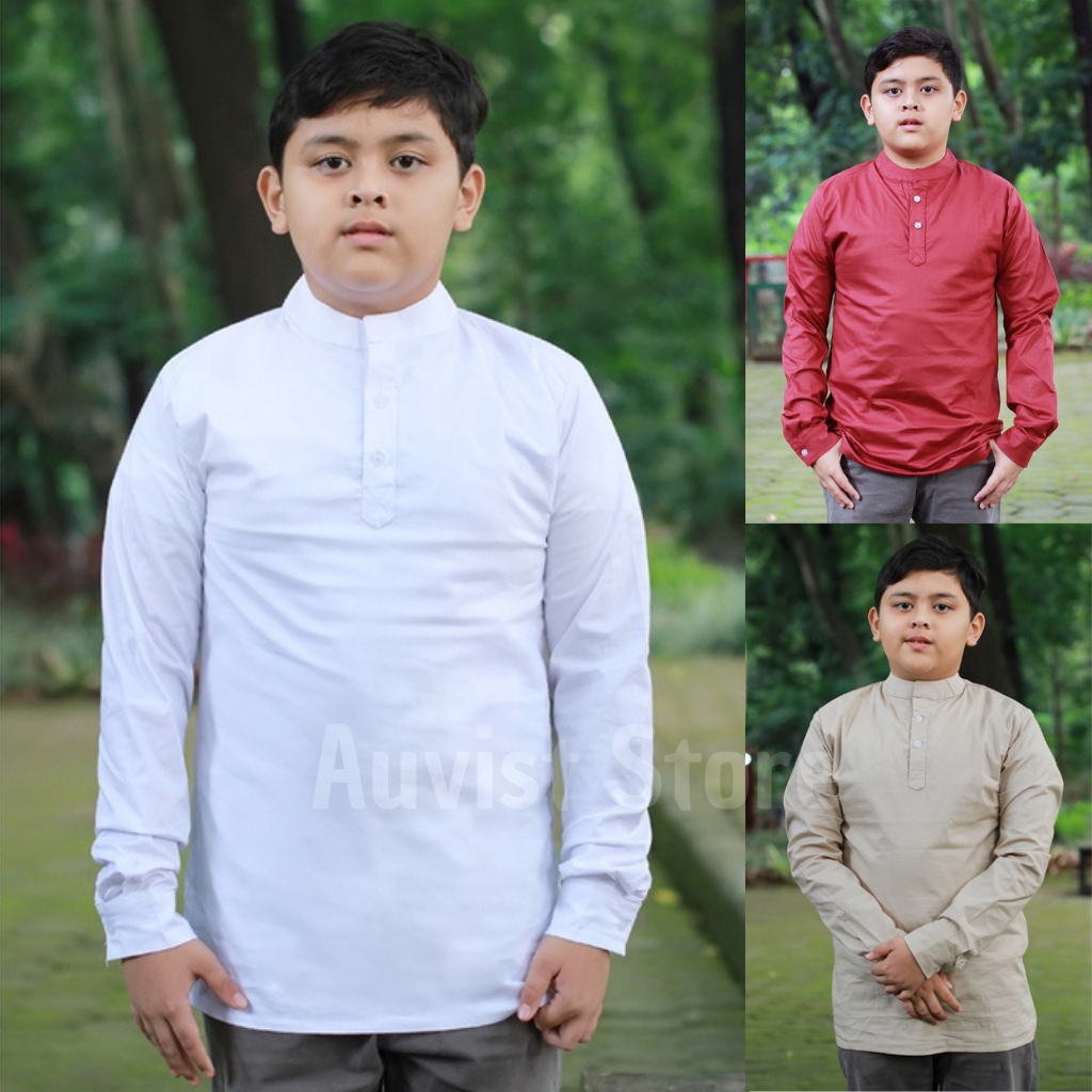 Baju Koko Anak Laki Laki Terbaru Usia 8-13 Tahun Lengan Panjang Polos Bahan Katun Stretch Elastis Ke