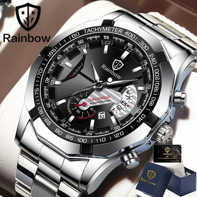 Rainbow COD Asli Jam Tangan Pria Tahan Air Anti Gores Mewah Stainless Steel Watch (Free Box + Card)-Perak+BOX+VIP Kartu