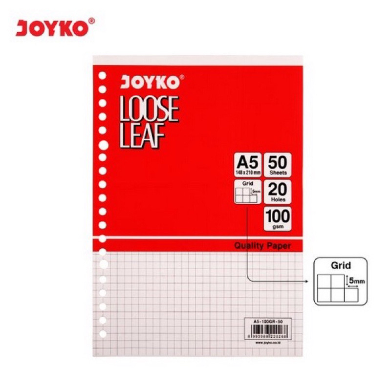 

Loose Leaf Joyko Plain, Grid, Dotted Isi Binder Polos, Kotak-kotak, & Titik-titik A5 50 Lembar 20 holes 100gsm