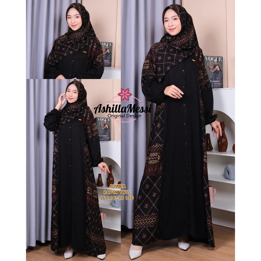 GAMIS ALMIRA SET HIJAB Rayon tuil Series HITAM - CA_Olshopp77