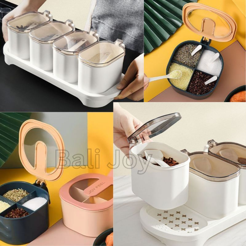 Tempat Bumbu 4 sekat IMPORT + SENDOK - Kotak Bumbu Modern / RAK BUMBU - Wadah Bumbu Dapur - Seasonin