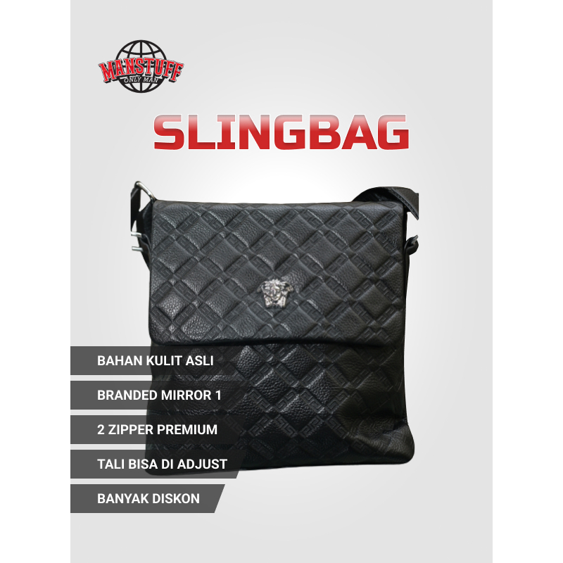 Tas Slingbag Branded Cowok Kulit Pria Hitam Versace